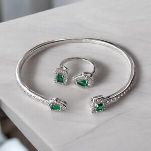 Green Silver Adjustable Bangle & Ring Set